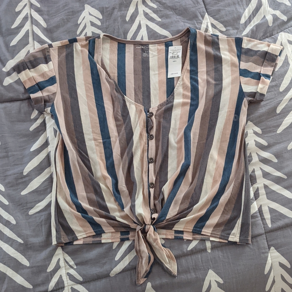 Striped AE Button Tie Front Top